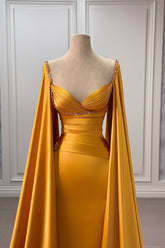 Gold Prom Dress Column V Neck Cap Sleeves Beaded Sweep Train Satin Formal Dress